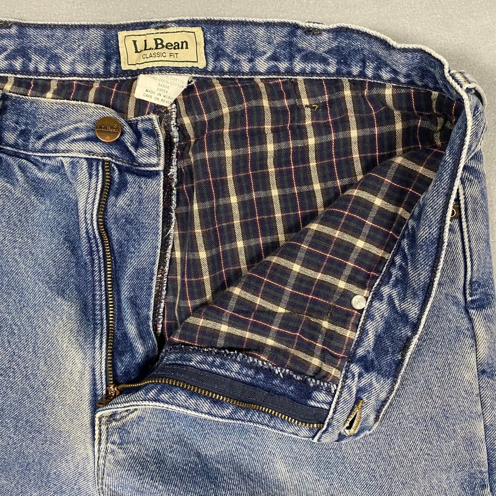 LL Bean Classic Fit Flannel Lined Jeans Mens 34x34 Blue Denim Plaid Lining